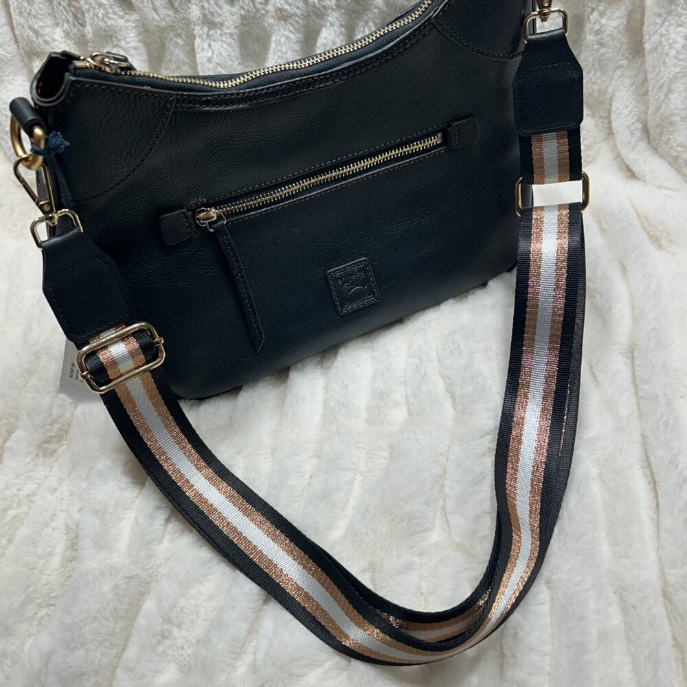 Dooney & Bourke Black Pebble Grain Zip Sac w/ With Custom Striped Web Strap - Picture 11 of 12